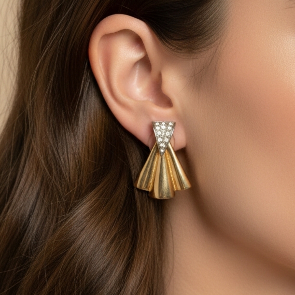 Vintage 60s Art-Deco Revival Rhinestone Goldtone Fan Earrings